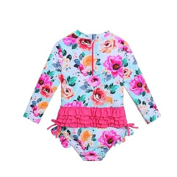 XFGIRLS Brand 3T Girls Swimsuit Long Sleeve One-Piece Bathing Suit Rash & Hat - Picture 3 of 11